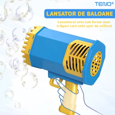 Pistol de Facut Baloane, Tip Bazooka, Automat, 34 Orificii Pentru Bule, Alimentare cu Baterii, Albastru/Galben, TENO1213