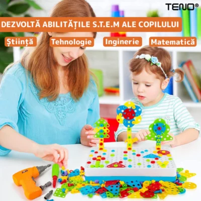 Jucarie Educativa si Interactiva 4in1, 234 Piese, Unelte Pentru Inginerie, Puzzle 3D/2D, Dezvoltare STEM, Montessori, Multicolor, TENO513