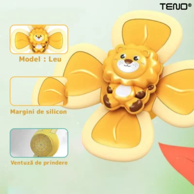 Jucarie Interactiva Fidget Spinner, Forma Leu, Margini de Silicon, 4 Laturi, Ventuza de Prindere, 1-3 ani, Galben, TENO7