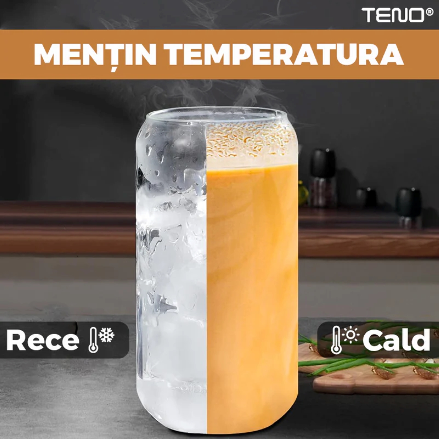 Set 4 Pahare de Sticla Borosilicata, Capac Din Bambus si Pai, Perie Pentru Curatare, Termorezistente, 500 ml, 15 cm, TENO1005