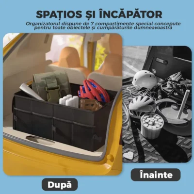 Organizator Universal Auto Portabil Pentru Portbagaj, 7 Compartimente, Pliabil, Impermeabil, Chingi de Ancorare, Multifunctional, TENO293
