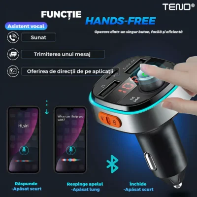 Modulator FM Auto, Bluetooth 5.0, Functie de Dubla Incarcare, Afisare Voltaj Baterie, Transmitator FM, 3 Porturi USB Type-C, Capacitate Memorie 32 GB, Ecran LED, TENO1291