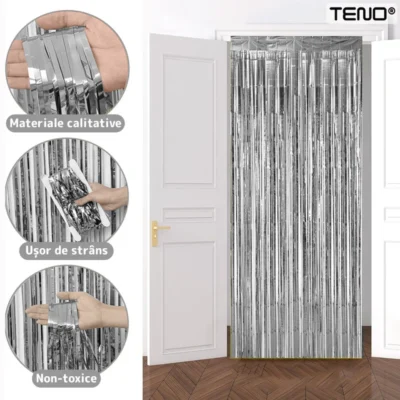 Set 2 Bucati Perdea Decorativa Din Folie Argintiu Metalizat, Pentru Petreceri Aniversare, TENO324