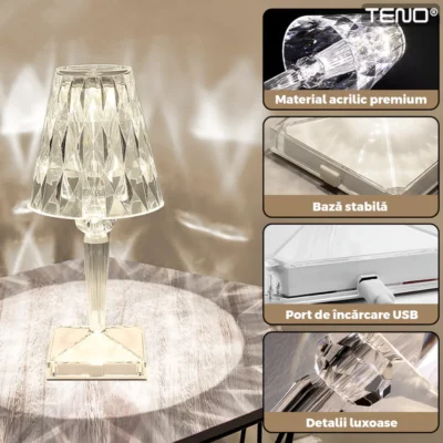Lampa Ambientala Cristal LED, Veioza, Portabila, 3 Moduri de Iluminare, Intensitate Ajustabila, Tactila, Incarcare USB, TENO1219