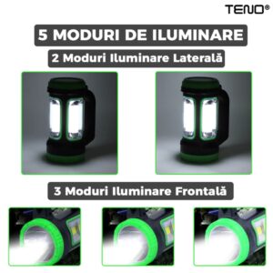 Lanterna Solara de Camping Portabila, 2 Moduri de Alimentare, 5 Moduri de Iluminare, Port USB, Reincarcabila, Verde, TENO270