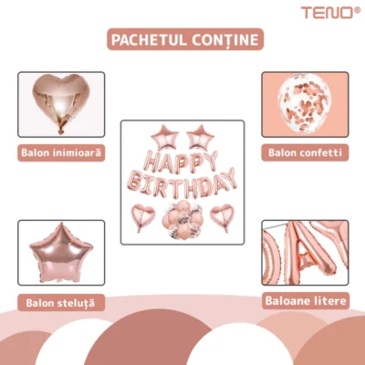 Set 25 Baloane, Litere, Pentru Petreceri/Aniversari/Evenimente, Confetti, Inimioare, Model Happy Birthday, Rose Gold, TENO754