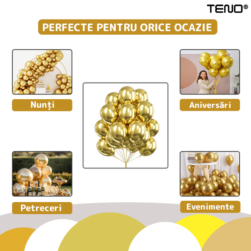 Set 50 Baloane, Pentru Petreceri/Aniversari/Evenimente, O Singura Dimensiune, Latex, Auriu, TENO721