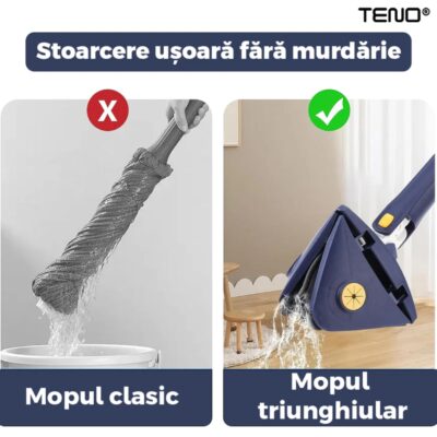Mop Telescopic cu Cap Triunghiular, Rotire 360 Grade, 5 Lavete Incluse, 127 cm, Albastru/Galben, TENO464