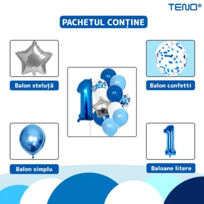 Set 12 Baloane, Cifra 1, Pentru Petreceri/Aniversari/Evenimente, Stea/Rotunde/Confetti, 3 Culori, Latex, Albastru, TENO1445