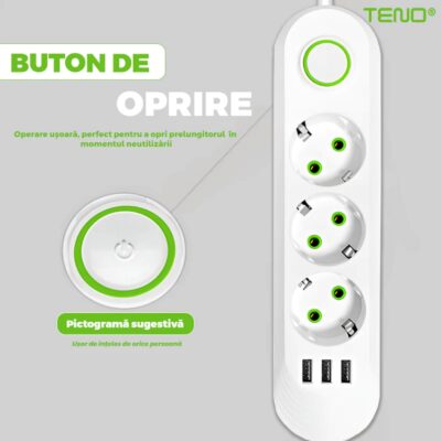Prelungitor Universal cu 3 Prize, 3 Porturi USB, Suport de Agatare Incorporat, Rezistent la Temperaturi Inalte, 2 Metri, Alb, TENO1276