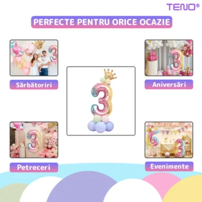 Set 14 Baloane, Cifra 3, Pentru Petreceri/Aniversari/Evenimente, Coronita, Balon Cifra, Baloane Clasice, Multicolor, TENO1045