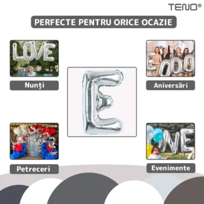 Balon in Forma de Litera E, Metalizat, Pentru Petreceri/Aniversari/Evenimente, 40cm, Rezistent, Folie, Argintiu, TENO1022