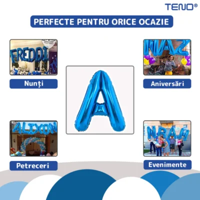 Balon in Forma de Litera A, Metalizat, Pentru Petreceri/Aniversari/Evenimente, 40 cm, Rezistent, Folie, Albastru, TENO1021