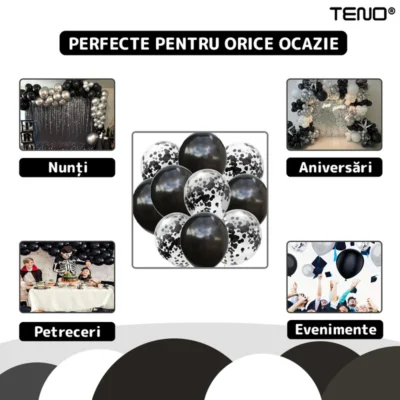 Set 10 Baloane, Confeti, Pentru Petreceri/Aniversari/Evenimente, O Singura Dimensiune, 2 Culori, Latex, Negru, TENO771
