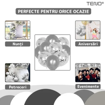 Set 10 Baloane, Confeti, Pentru Petreceri/Aniversari/Evenimente, O Singura Dimensiune, 2 Culori, Latex, Argintiu, TENO770