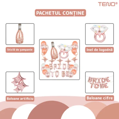 Set 36 Baloane, Litere, Pentru Petreceri/Aniversari/Evenimente, Sticla de Sampanie, Inel de Logodna, Diverse Dimensiuni, Folie, Model BRIDE TO BE, Rose Gold, TENO749
