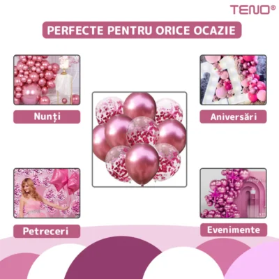 Set 10 Baloane, Confeti, Pentru Petreceri/Aniversari/Evenimente, O Singura Dimensiune, 2 Culori, Latex, Roz, TENO726