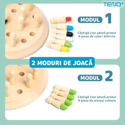 Joc de Memorie Tip Sah, Tabla de Lemn Rotunda, Piese Colorate, Dezvolta Abilitatile de Memorare si Inteligenta, Zar Inclus, TENO1198