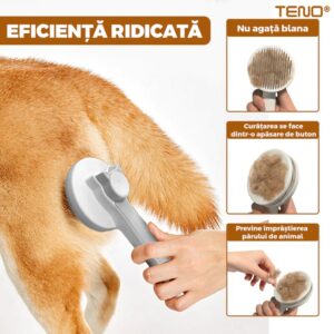 Perie Pentru Curatarea si Ingrijirea Animalelor, Buton Auto-Curatare, Descalcire si Prevenire Naparlire, Ingrijire si Tundere Blana, 18.5x7.5 cm, TENO1129
