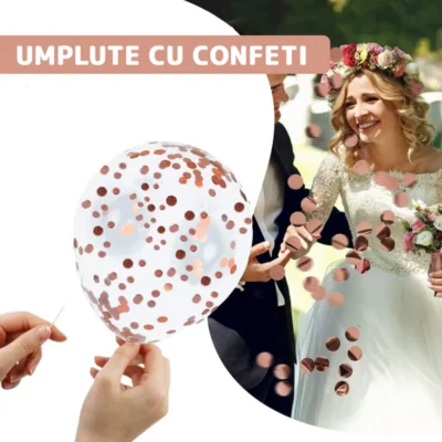 Set 14 Baloane, Confeti, Pentru Petreceri/Aniversari/Evenimente, Stea/Inima/Rotunde, 3 Culori, Latex, Rose Gold, TENO304