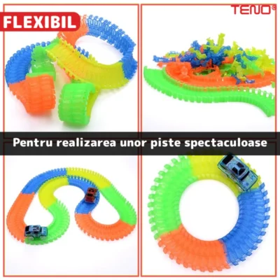 Circuit Masinute, 56 Piese, Pista Iluminata Configurabila, Fosforescenta, Masinuta cu Lumina Rosie, Multicolor, TENO517