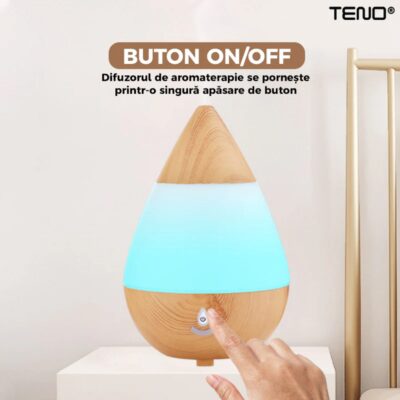 Difuzor Aromaterapie, Umidificator Silentios, 7 Culori LED cu Lumini Dinamice, Buton on/off, 235ml, Stejar Deschis, TENO214