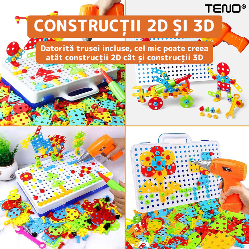 Jucarie Educativa si Interactiva 4in1, 237 Piese, Bormasina Pentru Inginerie, Puzzle 3D/2D, Dezvoltare STEM, Montessori, Multicolor, TENO514