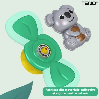 Jucarie Interactiva Fidget Spinner, Koala, Margini de Silicon, 2 Laturi, Ventuza de Prindere, 1-3 ani, Verde, TENO6