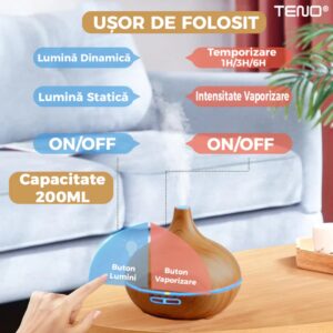 Difuzor Aromaterapie, Umidificator Silentios, 7 culori LED cu 2 Jocuri de Lumini, Capacitate 200ml, Stejar Deschis, TENO210