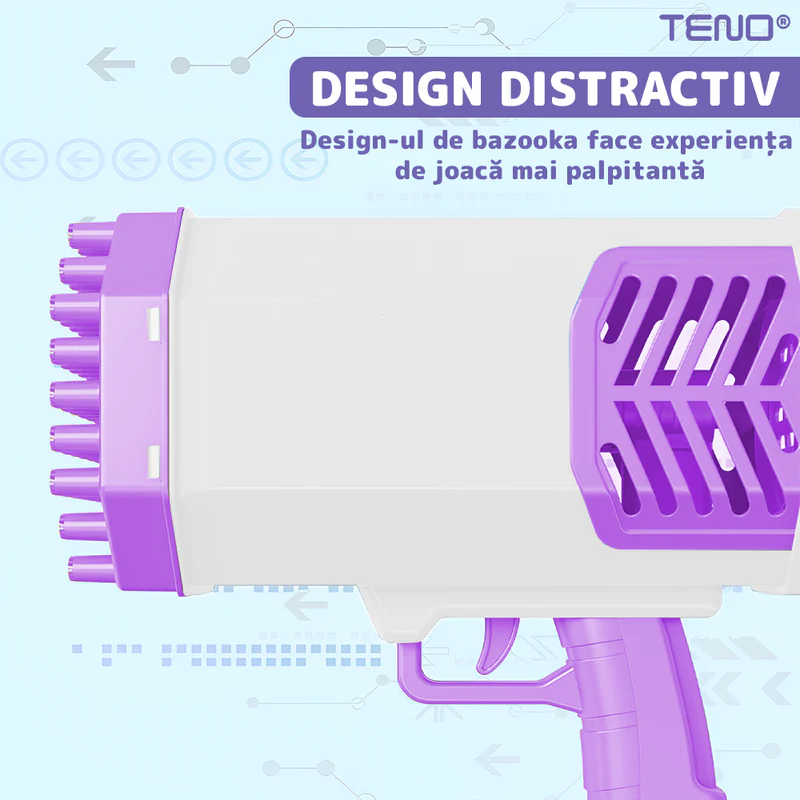 Pistol de Facut Baloane, Tip Bazooka, Automat, 34 Orificii Pentru Bule, Alimentare cu Baterii, Mov/Alb, TENO1215