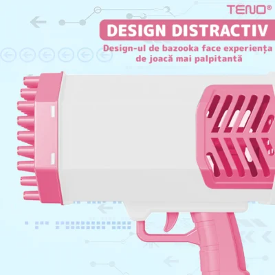 Pistol de Facut Baloane, Tip Bazooka, Automat, 34 Orificii Pentru Bule, Alimentare cu Baterii, Roz/Alb, TENO1214