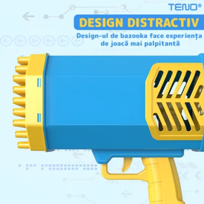 Pistol de Facut Baloane, Tip Bazooka, Automat, 34 Orificii Pentru Bule, Alimentare cu Baterii, Albastru/Galben, TENO1213