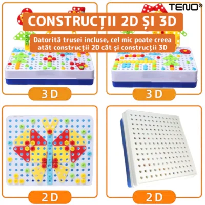 Jucarie Educativa si Interactiva 4in1, 234 Piese, Unelte Pentru Inginerie, Puzzle 3D/2D, Dezvoltare STEM, Montessori, Multicolor, TENO513