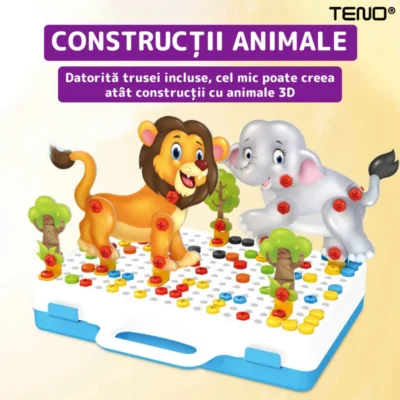 Jucarie Educativa si Interactiva 4in1, 198 Piese, Bormasina Pentru Inginerie, Puzzle 3D/2D, Dezvoltare STEM, Montessori, Multicolor, TENO512