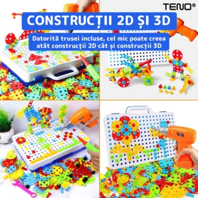 Jucarie Educativa si Interactiva 4in1, 151 Piese, Bormasina Pentru Inginerie, Puzzle 3D/2D, Dezvoltare STEM, Montessori, Multicolor, TENO511