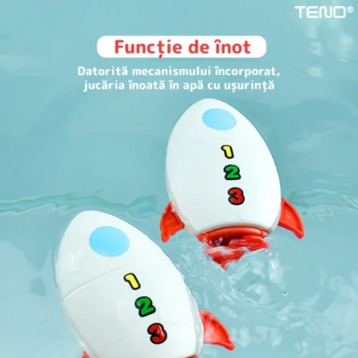 Jucarie de Baie Pentru Copii, Racheta Inotatoare, Interactiva, Fara Baterii, Mecanism cu Cheita, 8x11cm, Rosu/Alb, TENO37