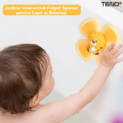 Jucarie Interactiva Fidget Spinner, Forma Leu, Margini de Silicon, 4 Laturi, Ventuza de Prindere, 1-3 ani, Galben, TENO7