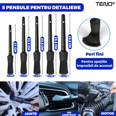 Set Premium 26 Piese Detailing Auto, 5 Pensule Detaliu, Burete Aplicator,Laveta Microfibra, Perii Aer Conditionat, Perii de Zimtate, Manusa Din Microfibra Fata-Verso, TENO677