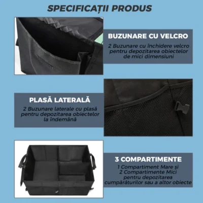 Organizator Universal Auto Portabil Pentru Portbagaj, 7 Compartimente, Pliabil, Impermeabil, Chingi de Ancorare, Multifunctional, TENO293