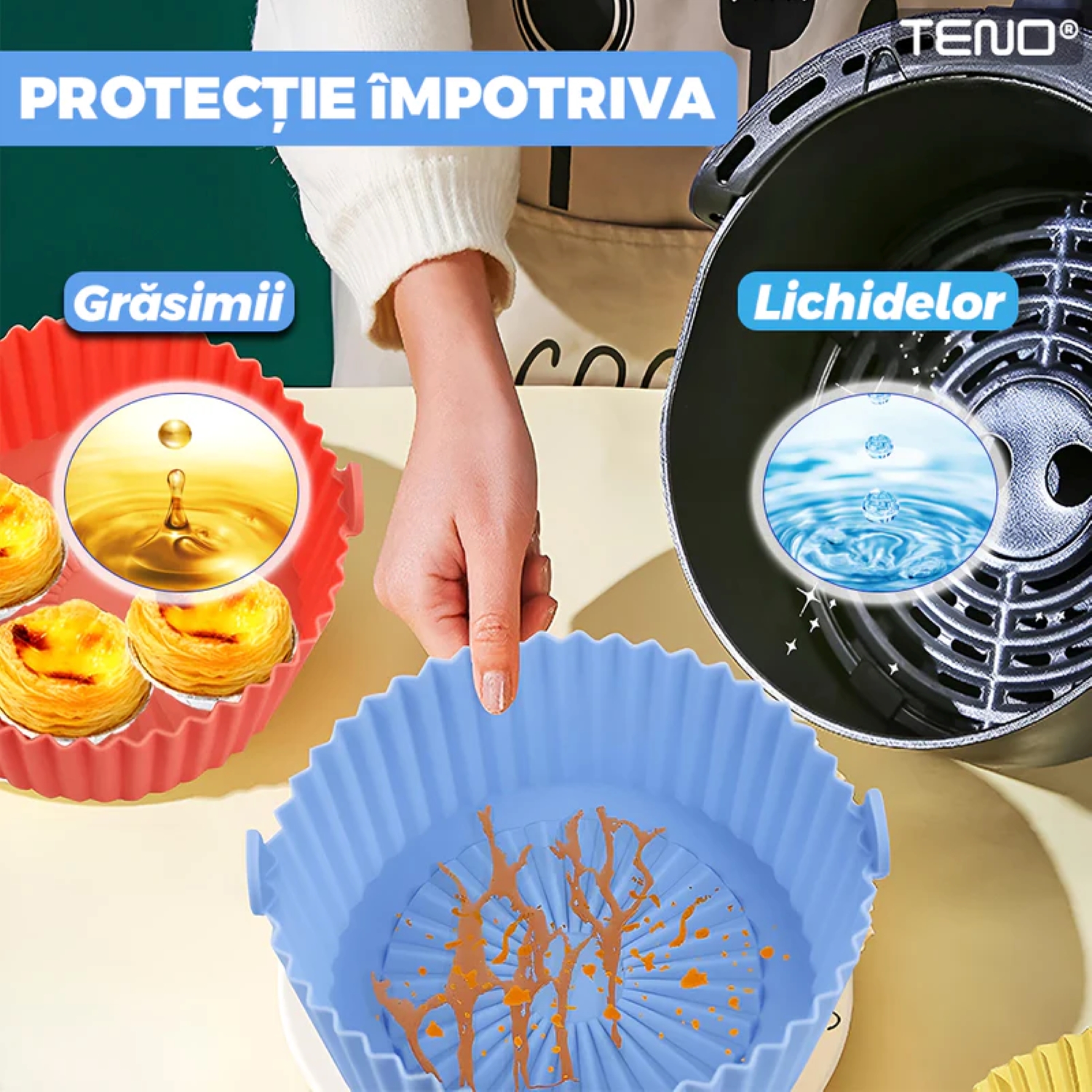 Tava de Copt Rotunda Pentru Friteuza/Cuptor/Microunde, Antiaderenta, Rezistenta la Temperaturi Inalte, 21x17 cm, Albastru, TENO987