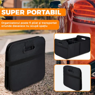 Organizator Auto Portabil Pentru Portbagaj, 2 Compartimente, Pliabil, Elastic de Prindere, Multifunctional, Universal, TENO294
