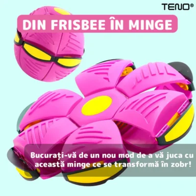 Minge Zburatoare Transformabila in Disc Frisbee, 2 Moduri de Joaca, 23 cm, Roz, TENO354