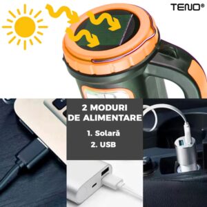 Lanterna Solara de Camping Portabila, 2 Moduri de Alimentare, 5 Moduri de Iluminare, Port USB, Reincarcabila, TENO269