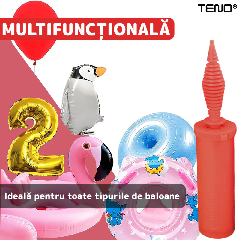 Pompa Manuala Pentru Umflat Baloane cu Dublu Sens, Multifunctionala, Materiale Calitative, Umflare Rapida, 28 cm, Rosu/Negru, TENO370