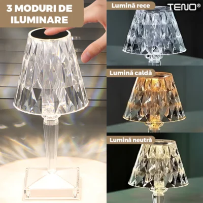 Lampa Ambientala Cristal LED, Veioza, Portabila, 3 Moduri de Iluminare, Intensitate Ajustabila, Tactila, Incarcare USB, TENO1219
