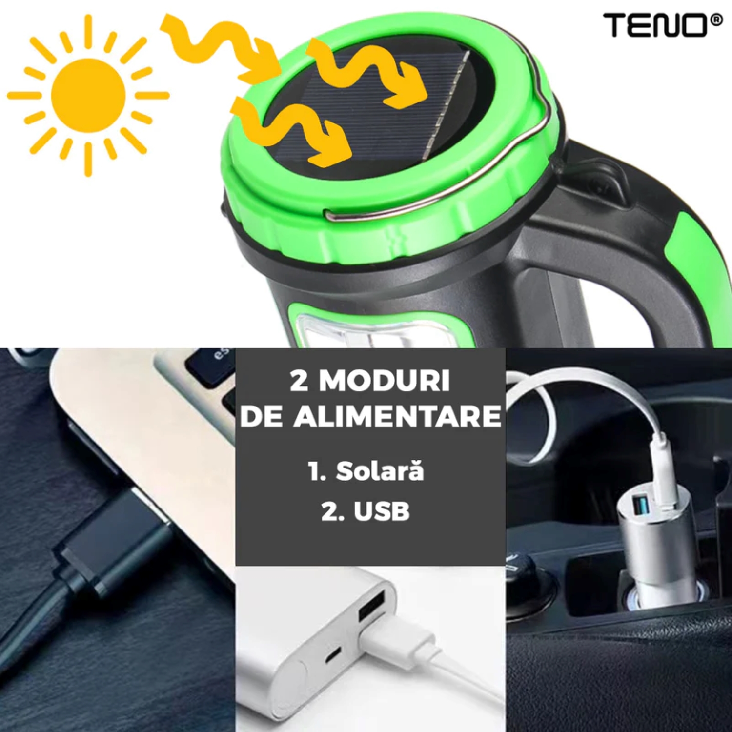 Lanterna Solara de Camping Portabila, 2 Moduri de Alimentare, 5 Moduri de Iluminare, Port USB, Reincarcabila, Verde, TENO270