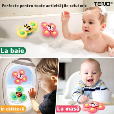 Set 3 Jucarii Interactive Fidget Spinner, Forma Insecte, Bile Zornaitoare, Margini Rotunde, Ventuza de Prindere, 1-3 ani, TENO2