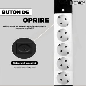 Prelungitor Universal cu 5 Prize, Suport de Agatare Incorporat, Rezistent la Temperaturi Inalte, 5 Metri, Negru/Alb, TENO1281
