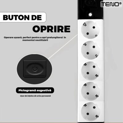 Prelungitor Universal cu 5 Prize, Suport de Agatare Incorporat, Rezistent la Temperaturi Inalte, 5 Metri, Negru/Alb, TENO1281