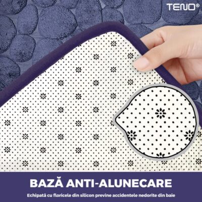 Set 2 Covorase de Baie, Anti-Derapante, Material Moale, Model Pietre, 80x50 / 50x40cm, Bleumarin, TENO1014